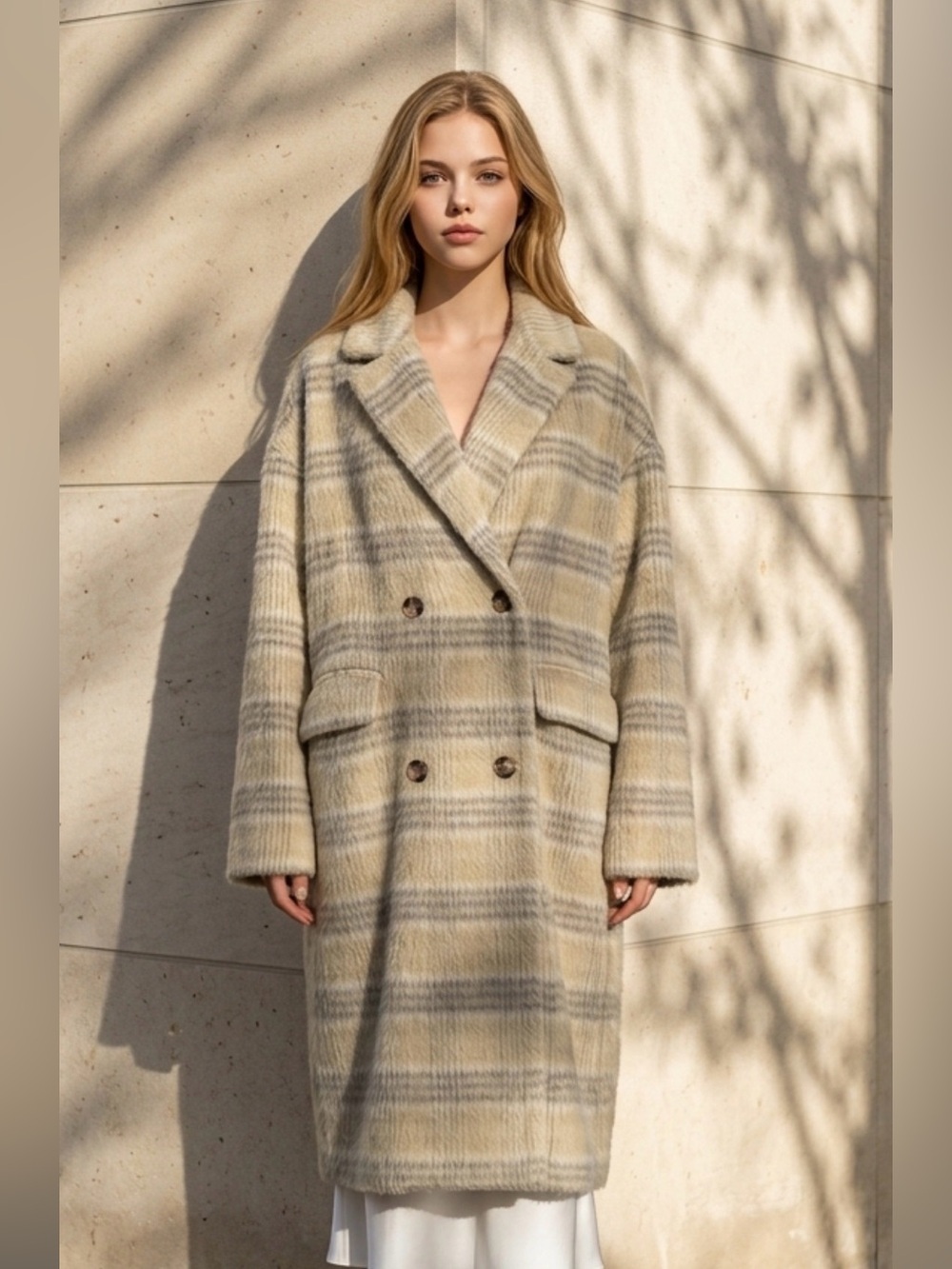 OAK + FORT Beige and Gray Plaid Double-Breasted Pea Coat